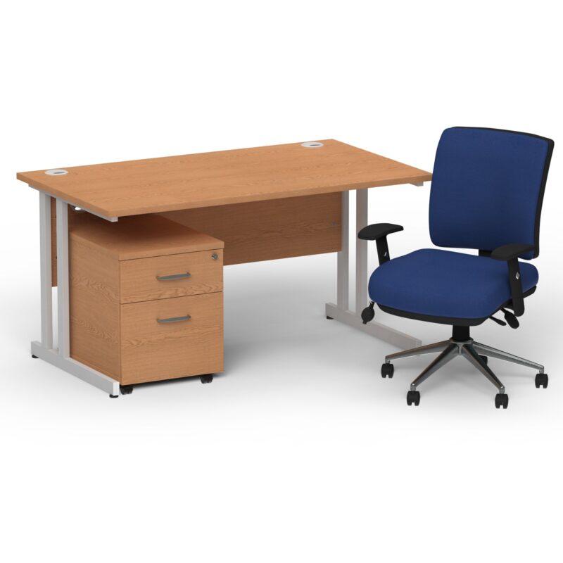 Impulse 1400mm Cantilever Straight Desk With Mobile Pedestal and Chiro Medium Back Blue Operator Chair - Image 3