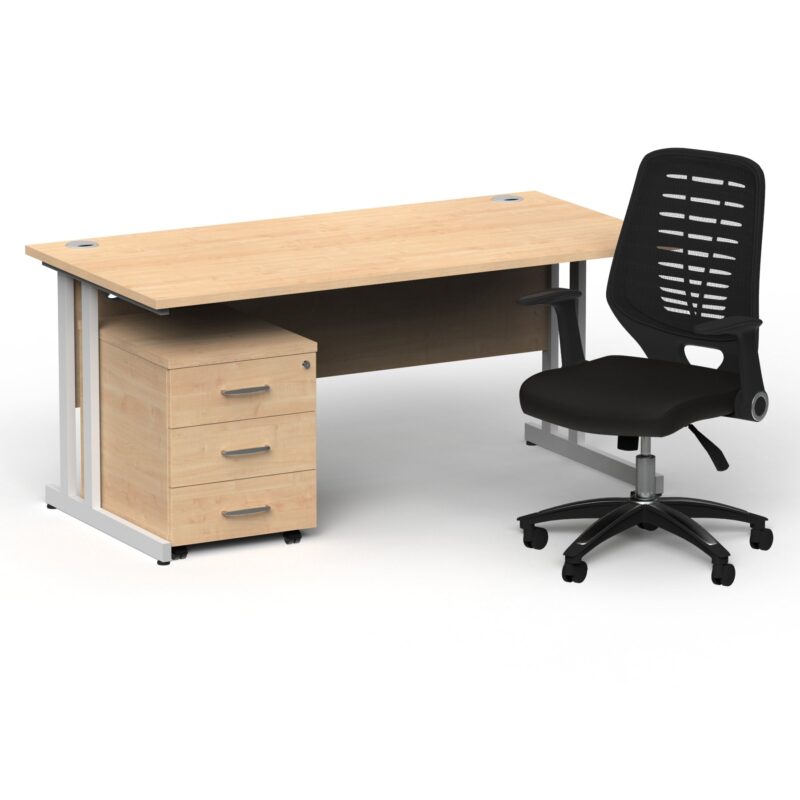 Impulse 1600mm Cantilever Straight Desk With Mobile Pedestal and Relay Black Back Operator Chair - Image 21