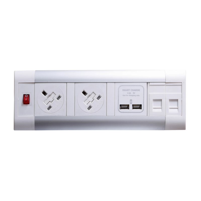 Impulse Desktop Module 2 x 5A UK Sockets, 1 x Neon Switch, 1 x 500mm Lead to 3 Pole Connector in White - Image 2