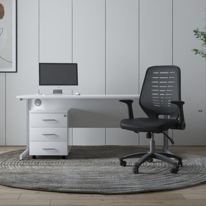 Impulse 1600mm Cantilever Straight Desk With Mobile Pedestal and Relay Black Back Operator Chair - Image 27