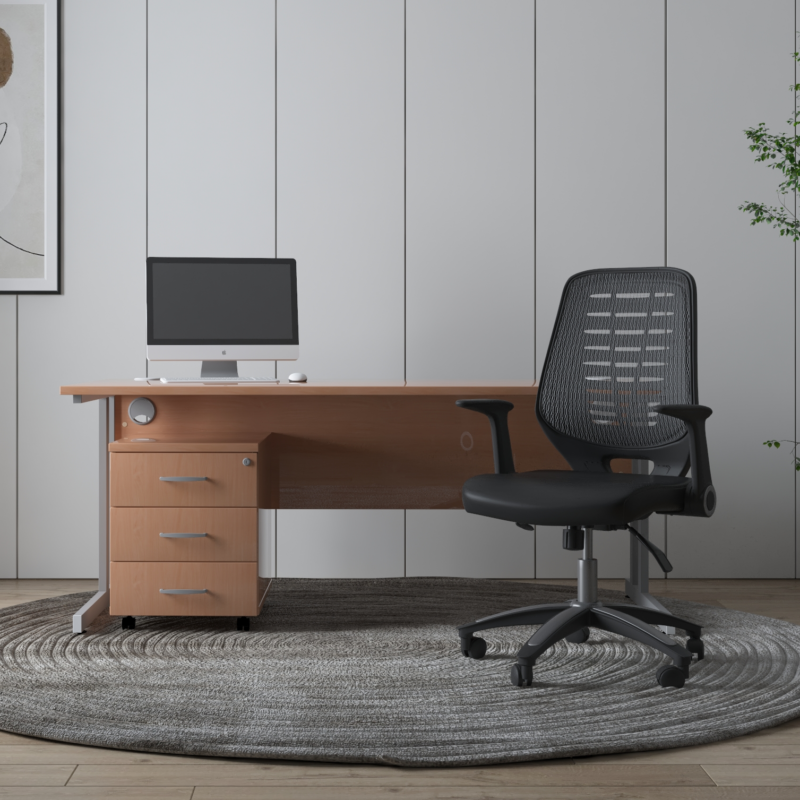 Impulse 1600mm Cantilever Straight Desk With Mobile Pedestal and Relay Black Back Operator Chair - Image 2