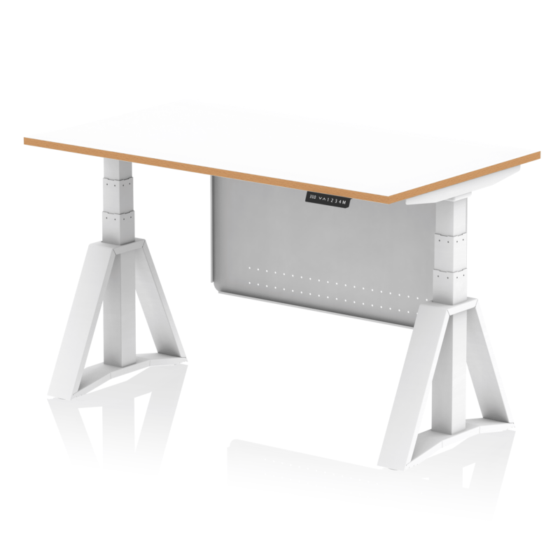 Oslo Air Height Adjustable Desk White Top Natural Wood Edge White Frame with White Steel Modesty Panel - Image 4