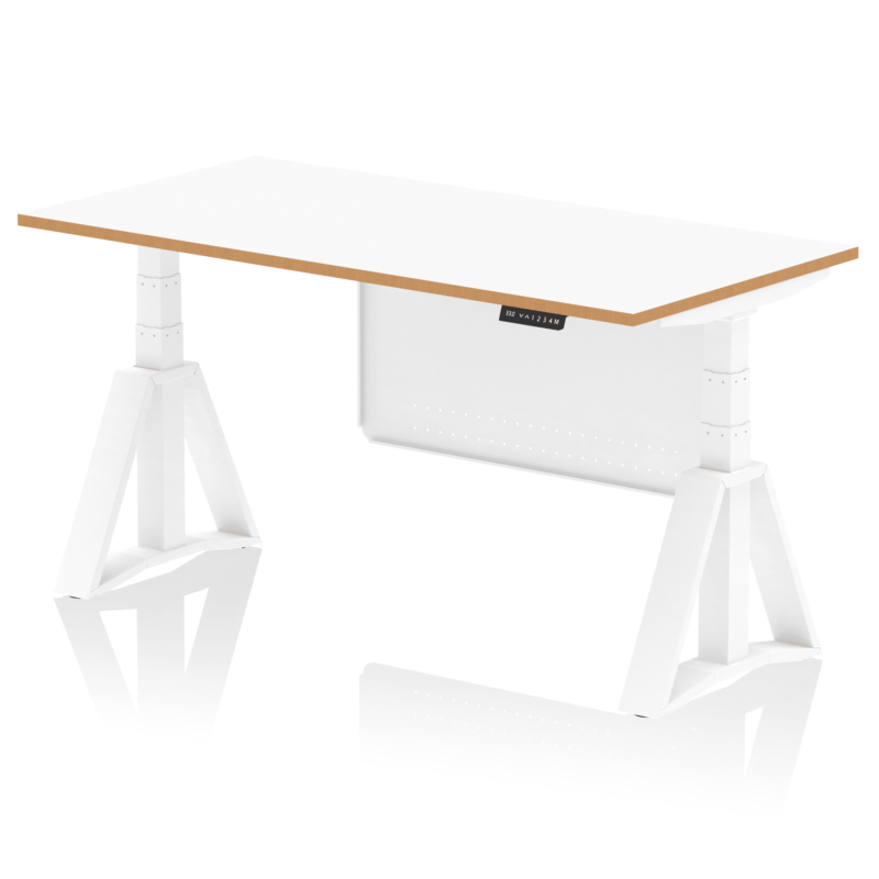 Oslo Air Height Adjustable Desk White Top Natural Wood Edge White Frame with White Steel Modesty Panel - Image 5